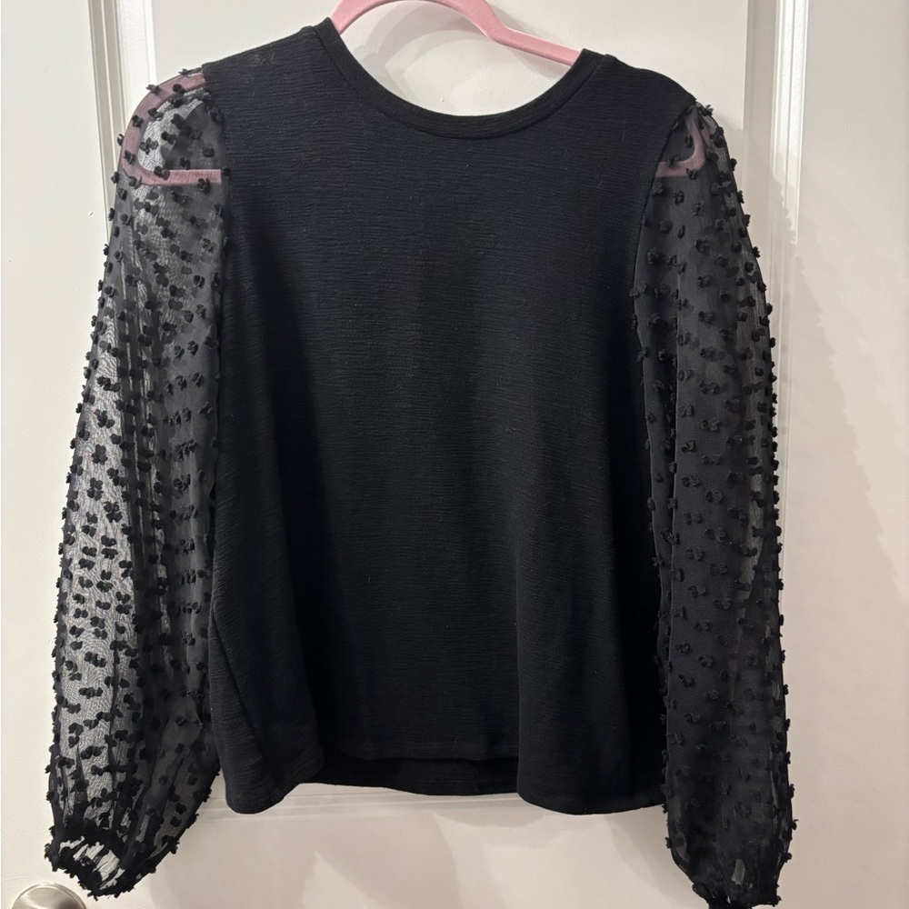 Anthropologie Black Blouse with Sheer Textured Sleeves